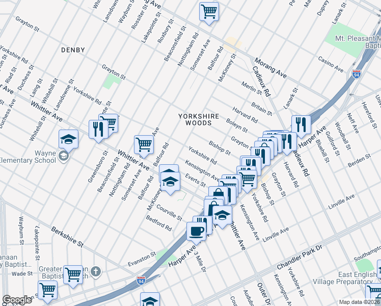 map of restaurants, bars, coffee shops, grocery stores, and more near 9776 Kensington Avenue in Detroit