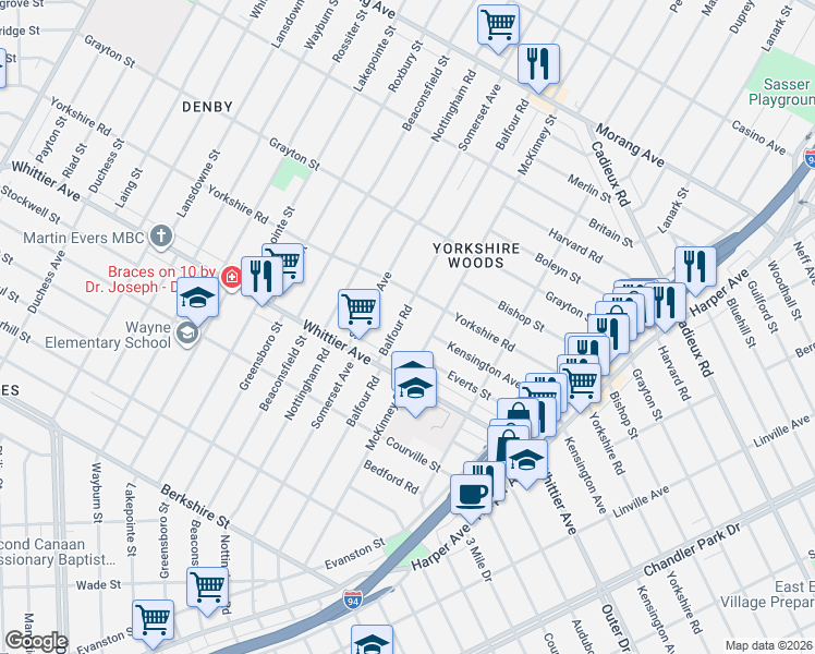 map of restaurants, bars, coffee shops, grocery stores, and more near 10007 McKinney Street in Detroit
