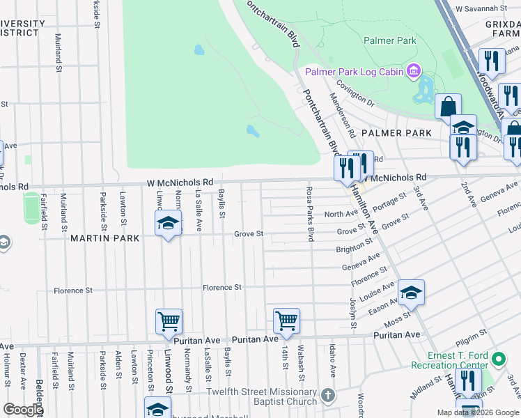 map of restaurants, bars, coffee shops, grocery stores, and more near 16826 Inverness Street in Detroit