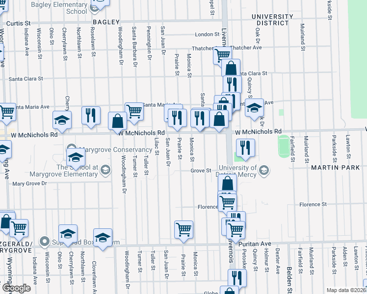 map of restaurants, bars, coffee shops, grocery stores, and more near 16856 Prairie Street in Detroit