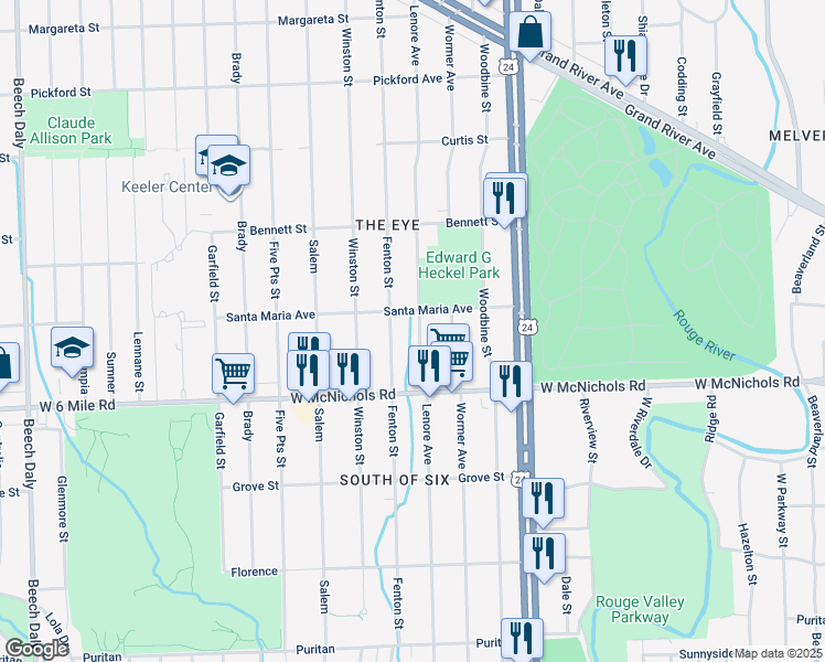 map of restaurants, bars, coffee shops, grocery stores, and more near 17169 Lenore Avenue in Detroit