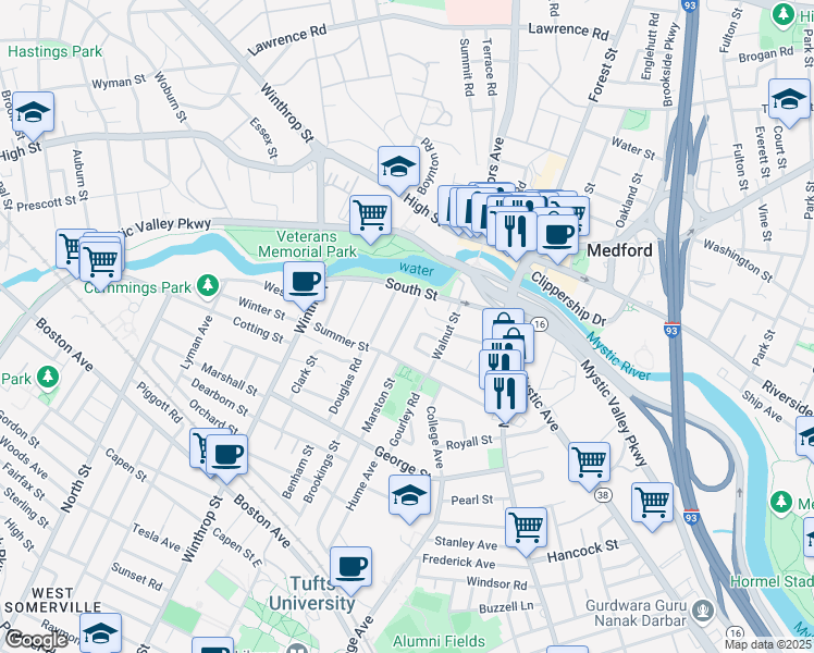 map of restaurants, bars, coffee shops, grocery stores, and more near 26 Manning Street in Medford