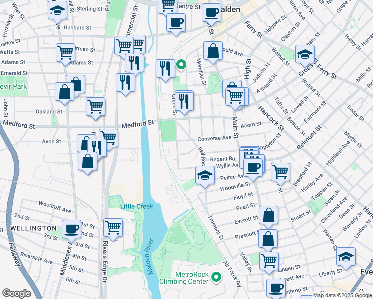 map of restaurants, bars, coffee shops, grocery stores, and more near 56 Newman Road in Malden
