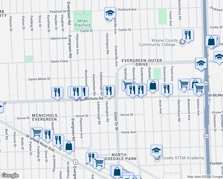 map of restaurants, bars, coffee shops, grocery stores, and more near 19316 West McNichols Road in Detroit