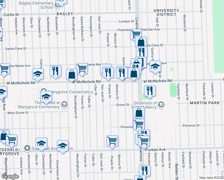 map of restaurants, bars, coffee shops, grocery stores, and more near 16856 Prairie Street in Detroit