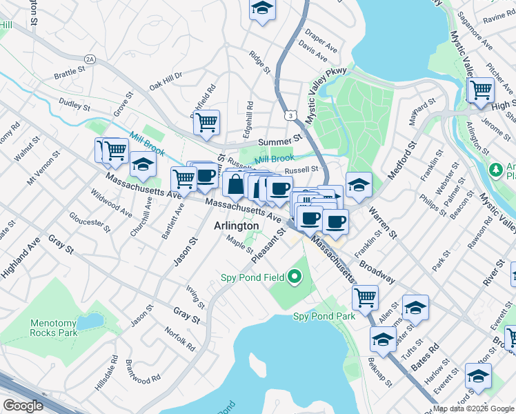 map of restaurants, bars, coffee shops, grocery stores, and more near 685 Massachusetts Avenue in Arlington