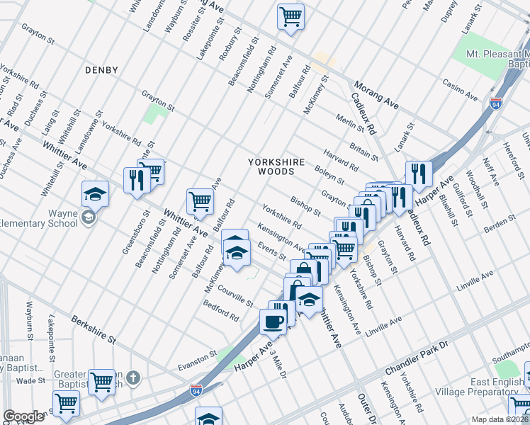 map of restaurants, bars, coffee shops, grocery stores, and more near 9776 Kensington Avenue in Detroit