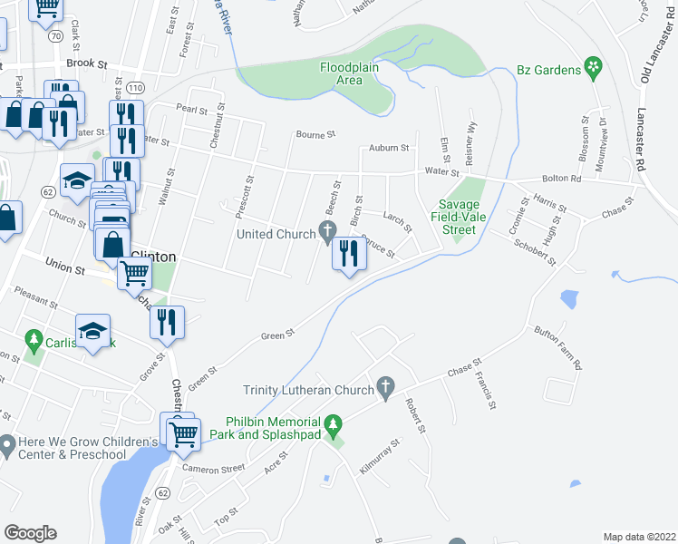 map of restaurants, bars, coffee shops, grocery stores, and more near 1 Birch Street in Clinton