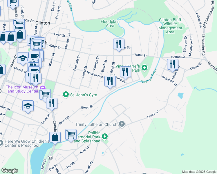 map of restaurants, bars, coffee shops, grocery stores, and more near 3 Birch Street in Clinton
