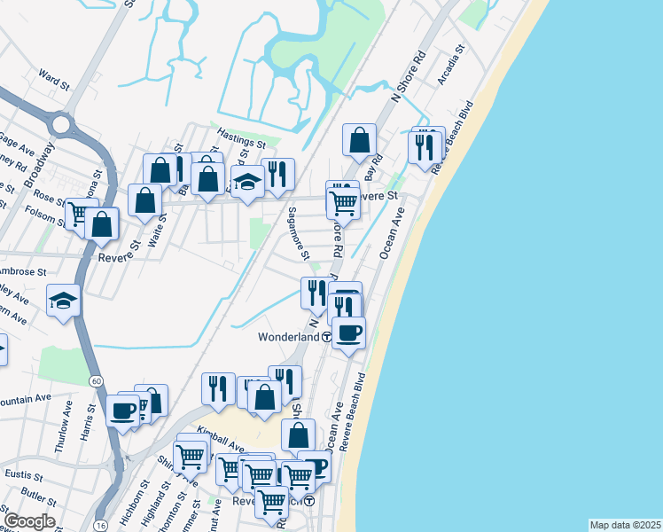 map of restaurants, bars, coffee shops, grocery stores, and more near 1235 North Shore Road in Revere