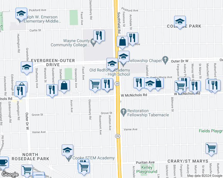 map of restaurants, bars, coffee shops, grocery stores, and more near 17144 Ashton Avenue in Detroit