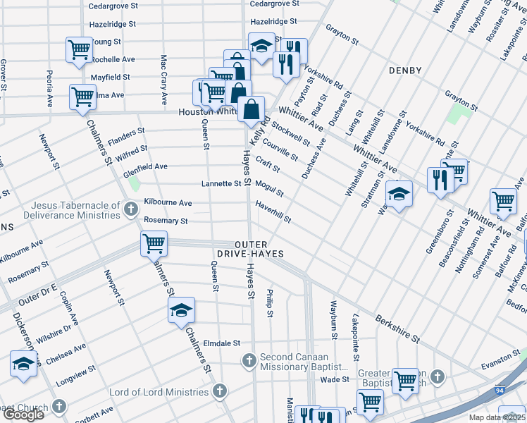 map of restaurants, bars, coffee shops, grocery stores, and more near 11075 Mogul Street in Detroit