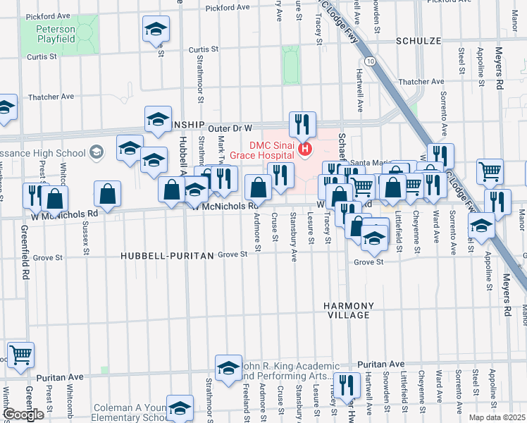 map of restaurants, bars, coffee shops, grocery stores, and more near 14022 West McNichols Road in Detroit