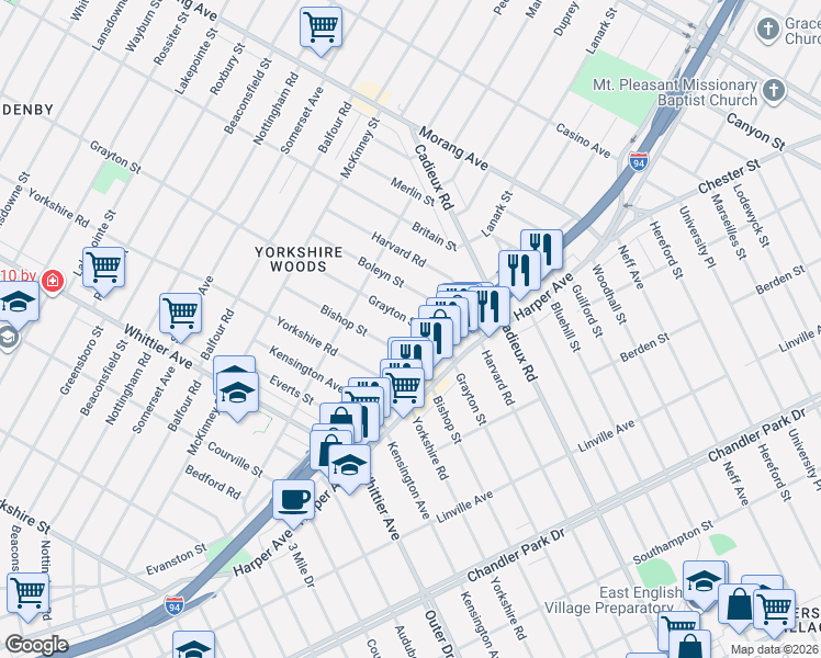 map of restaurants, bars, coffee shops, grocery stores, and more near 9228 Grayton Street in Detroit