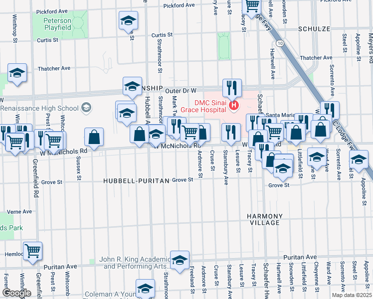 map of restaurants, bars, coffee shops, grocery stores, and more near 17078 Mark Twain Street in Detroit