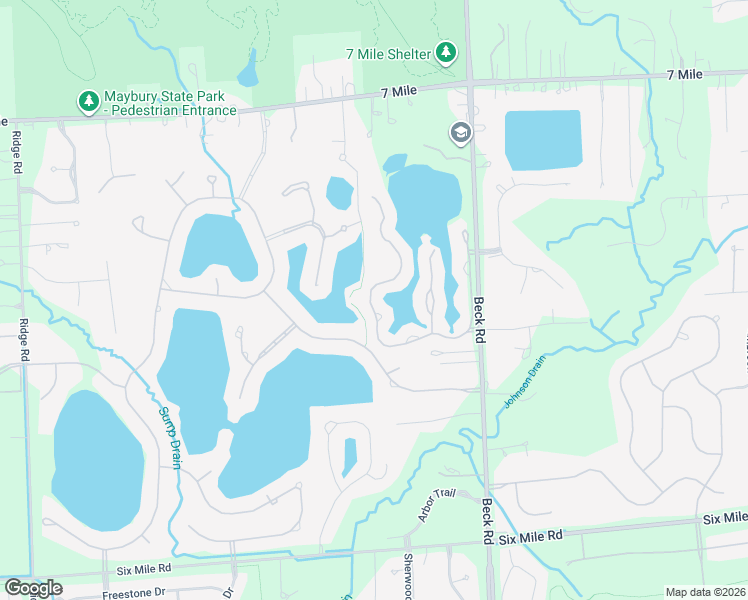 map of restaurants, bars, coffee shops, grocery stores, and more near 18500 Blue Heron Drive West in Northville