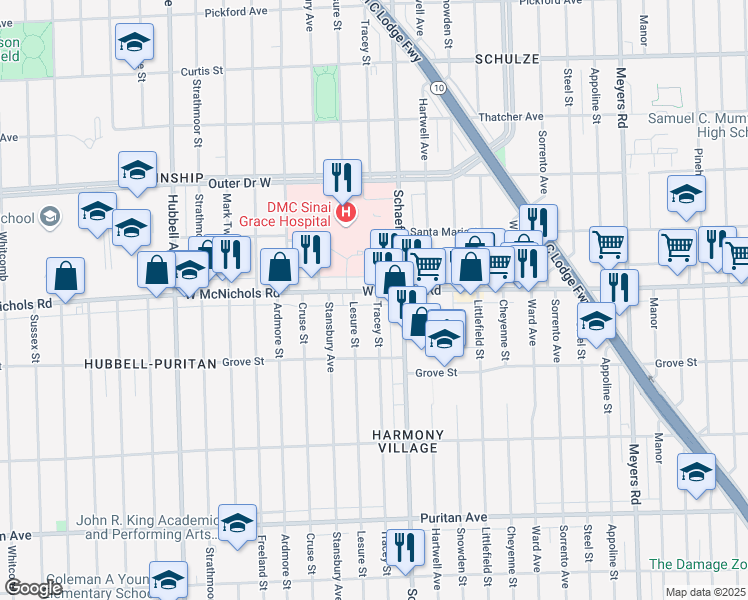 map of restaurants, bars, coffee shops, grocery stores, and more near 13708 West McNichols Road in Detroit