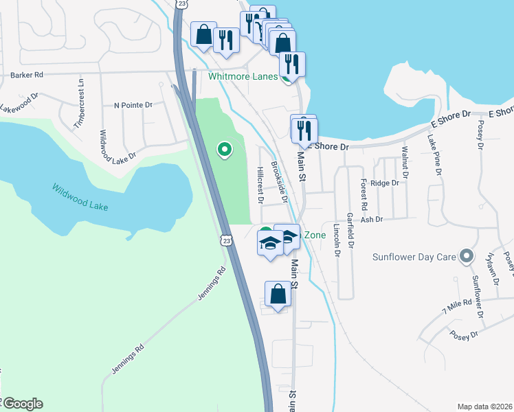 map of restaurants, bars, coffee shops, grocery stores, and more near 77 Whittier Drive in Whitmore Lake
