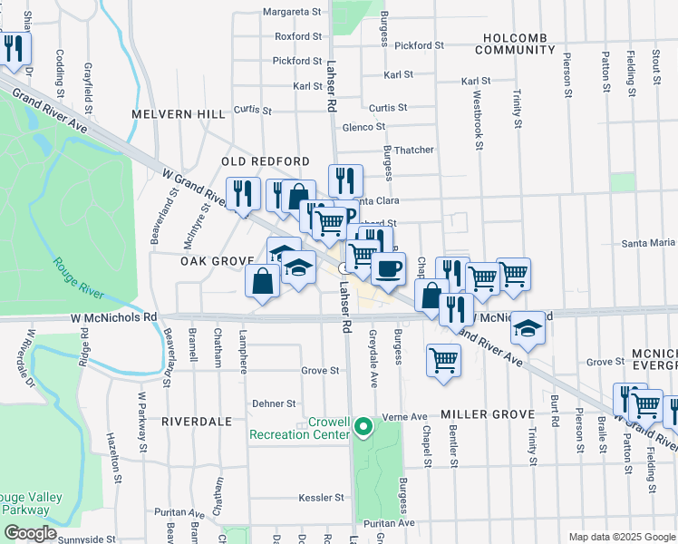 map of restaurants, bars, coffee shops, grocery stores, and more near 22001 Grand River Avenue in Detroit