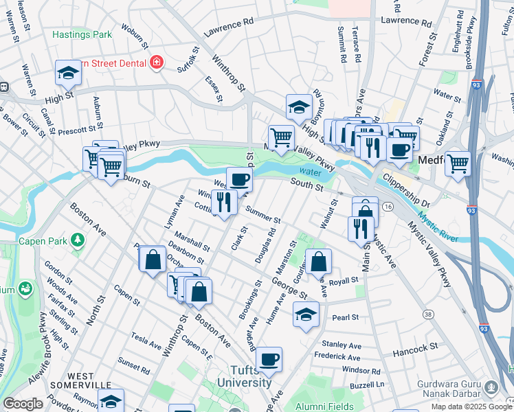 map of restaurants, bars, coffee shops, grocery stores, and more near 70 Curtis Street in Medford