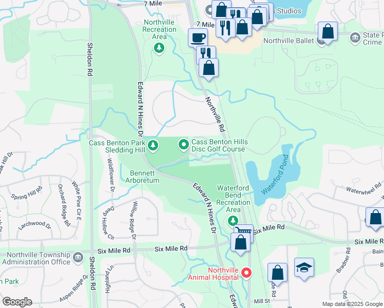 map of restaurants, bars, coffee shops, grocery stores, and more near Cass Benton Pkwy in Wayne