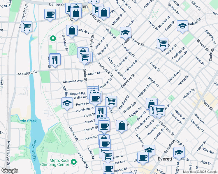 map of restaurants, bars, coffee shops, grocery stores, and more near 66 Appleton Street in Malden
