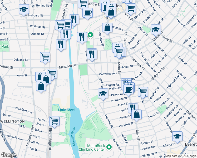map of restaurants, bars, coffee shops, grocery stores, and more near 67 Converse Avenue in Malden