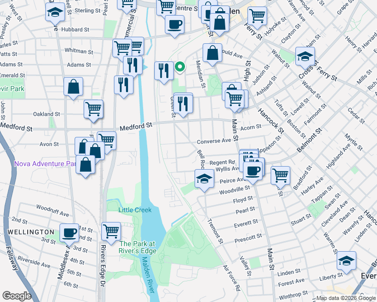 map of restaurants, bars, coffee shops, grocery stores, and more near 95 Converse Avenue in Malden