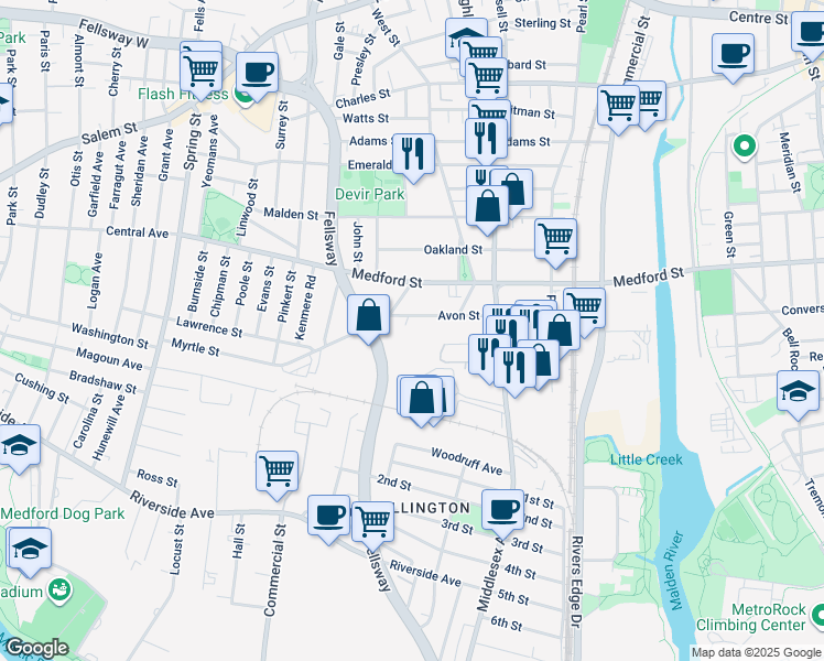 map of restaurants, bars, coffee shops, grocery stores, and more near 24 Quincy Street in Malden
