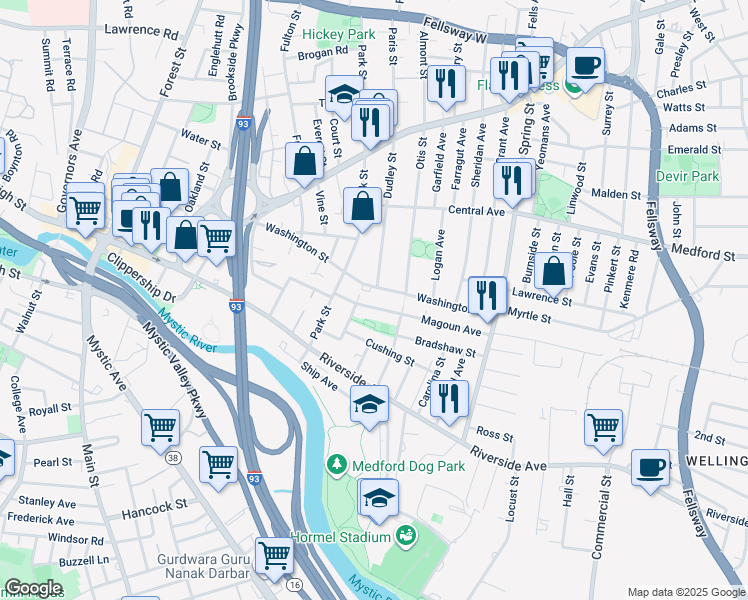 map of restaurants, bars, coffee shops, grocery stores, and more near 106 Washington Street in Medford
