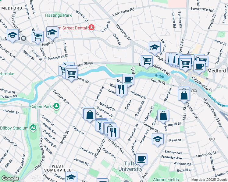 map of restaurants, bars, coffee shops, grocery stores, and more near 43 Winter Street in Medford