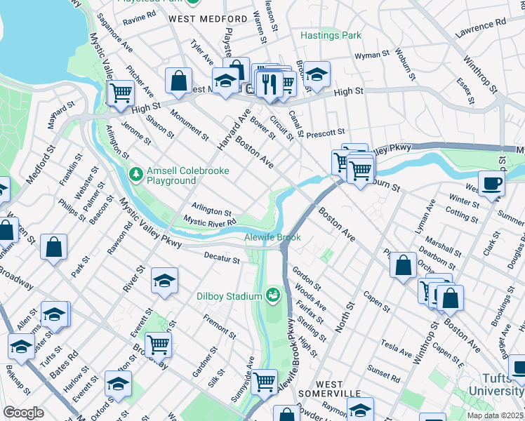 map of restaurants, bars, coffee shops, grocery stores, and more near 210 Arlington Street in Medford