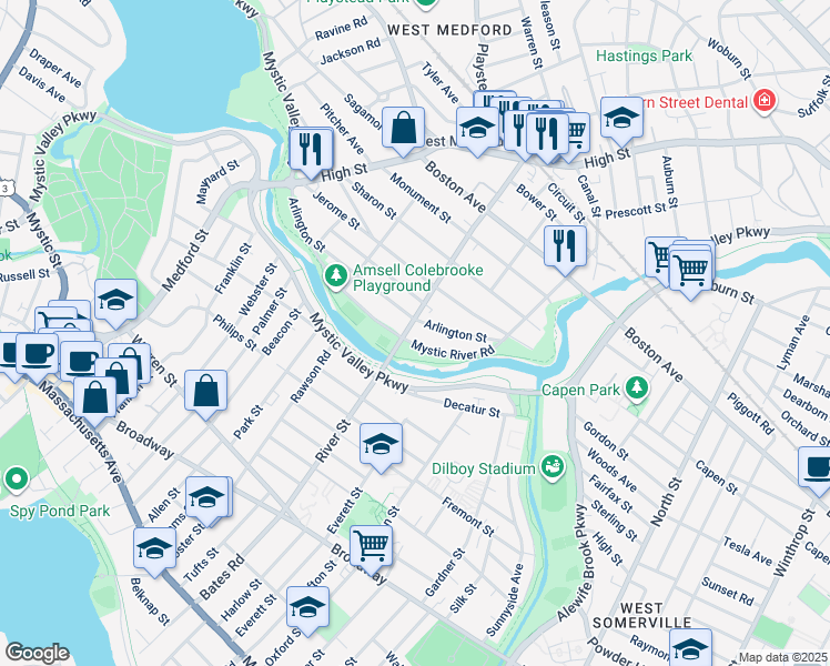 map of restaurants, bars, coffee shops, grocery stores, and more near 120 Arlington Street in Medford