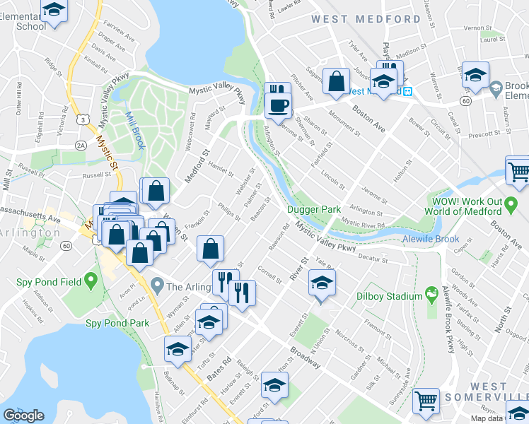 map of restaurants, bars, coffee shops, grocery stores, and more near 92-94 Beacon Street in Arlington