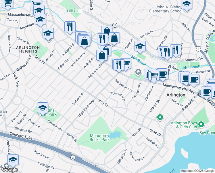 map of restaurants, bars, coffee shops, grocery stores, and more near 22 Highland Avenue in Arlington