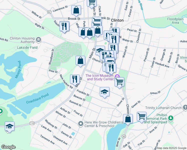 map of restaurants, bars, coffee shops, grocery stores, and more near 1 1/2 Nelson Street in Clinton