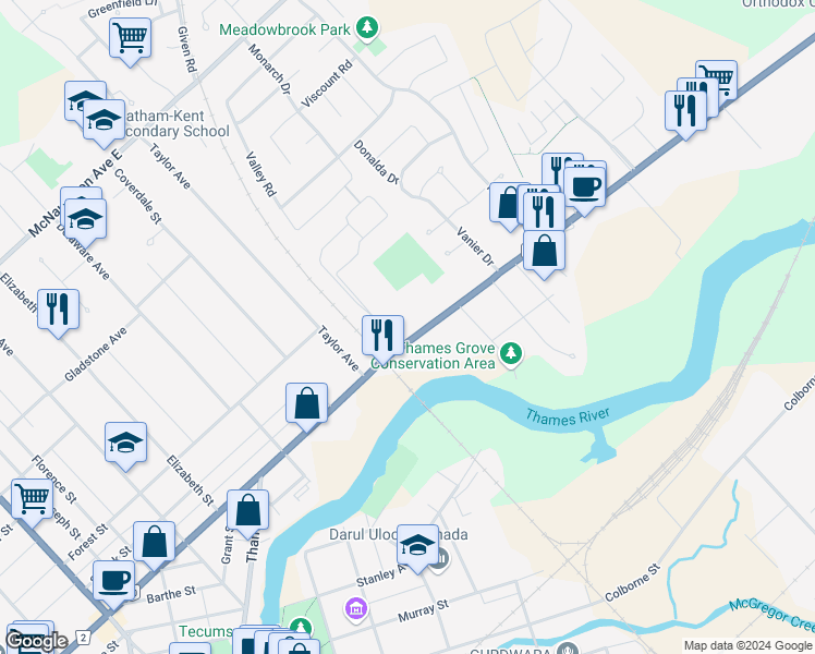 map of restaurants, bars, coffee shops, grocery stores, and more near 359 Grand Avenue East in Chatham