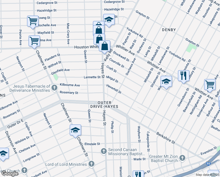 map of restaurants, bars, coffee shops, grocery stores, and more near 11075 Mogul Street in Detroit