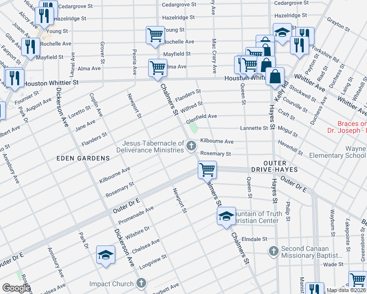 map of restaurants, bars, coffee shops, grocery stores, and more near 11119 Chalmers Street in Detroit