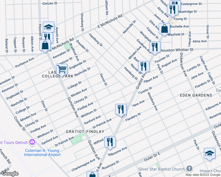 map of restaurants, bars, coffee shops, grocery stores, and more near 12151 Christy Street in Detroit