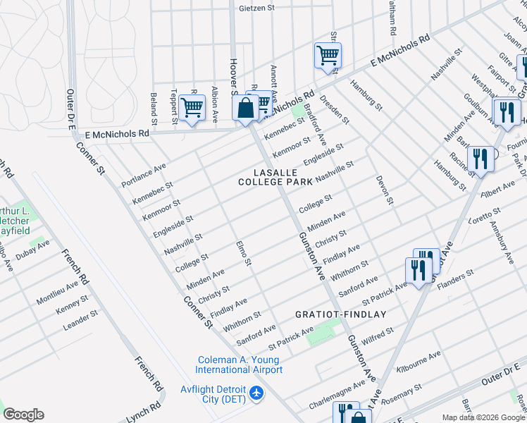 map of restaurants, bars, coffee shops, grocery stores, and more near 11526 Engleside Street in Detroit