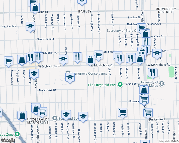 map of restaurants, bars, coffee shops, grocery stores, and more near 8031 West McNichols Road in Detroit