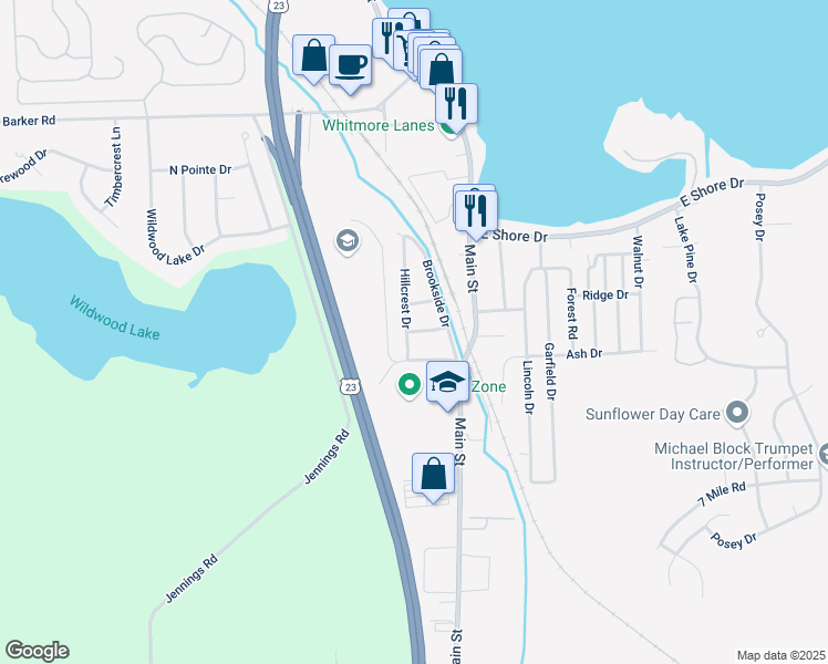 map of restaurants, bars, coffee shops, grocery stores, and more near 77 Whittier Drive in Whitmore Lake
