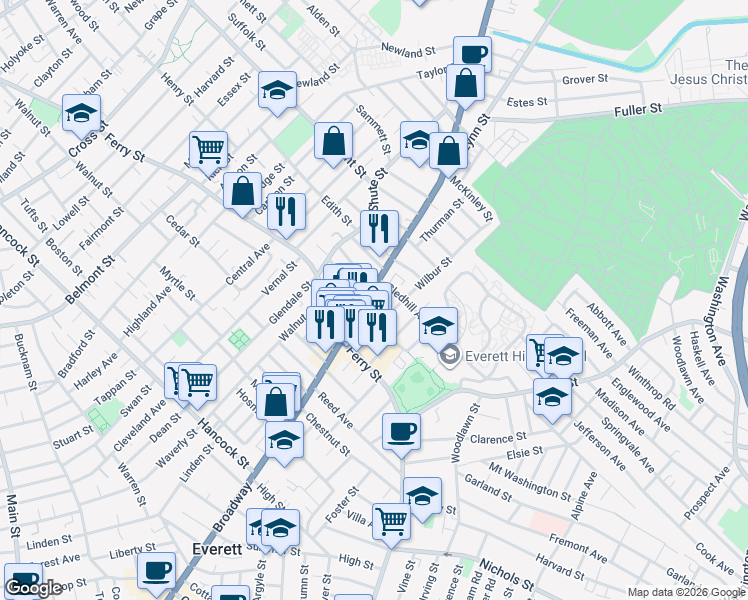 map of restaurants, bars, coffee shops, grocery stores, and more near 14 Henry Street in Everett