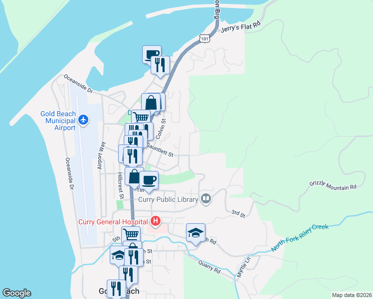 map of restaurants, bars, coffee shops, grocery stores, and more near 29790 Hound Dog Road in Gold Beach