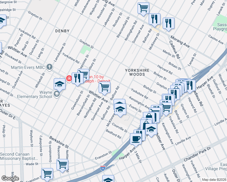 map of restaurants, bars, coffee shops, grocery stores, and more near 10283 Balfour Rd in Detroit