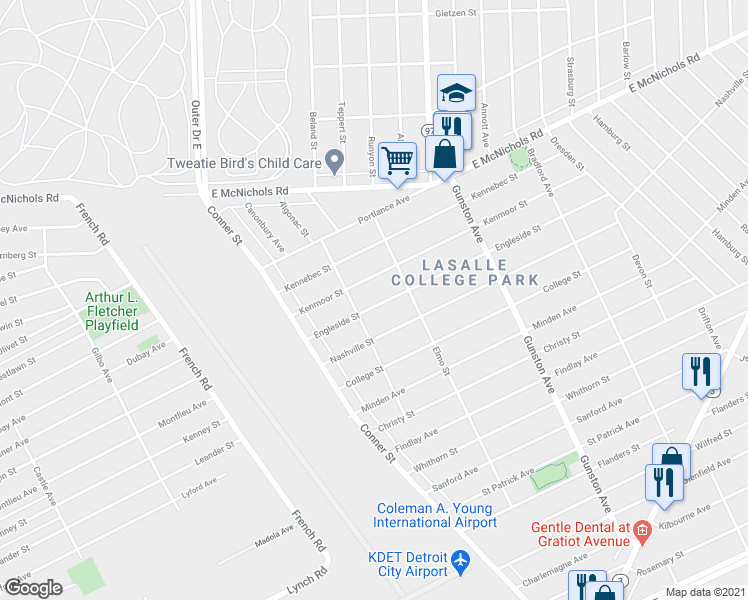 map of restaurants, bars, coffee shops, grocery stores, and more near 11241 Engleside Dr in Detroit