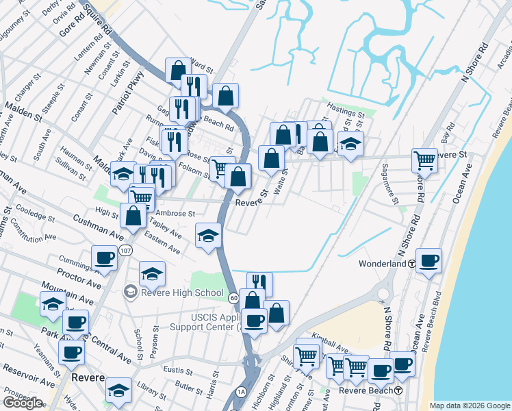 map of restaurants, bars, coffee shops, grocery stores, and more near 199 Revere Street in Revere