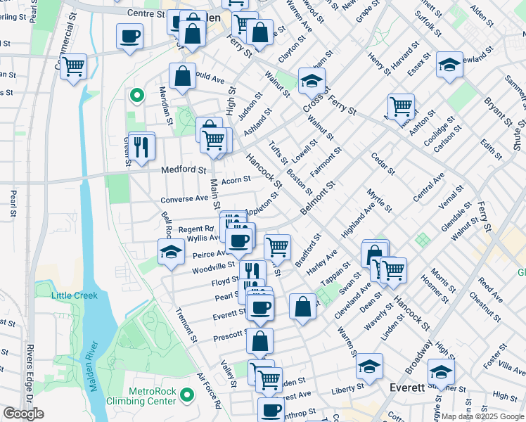 map of restaurants, bars, coffee shops, grocery stores, and more near 66 Appleton Street in Malden