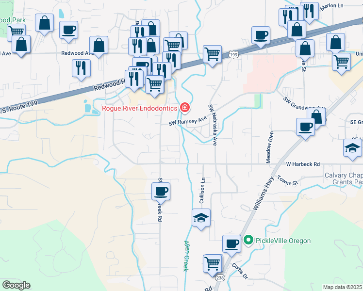 map of restaurants, bars, coffee shops, grocery stores, and more near 1134 Southwest Lafayette Drive in Grants Pass